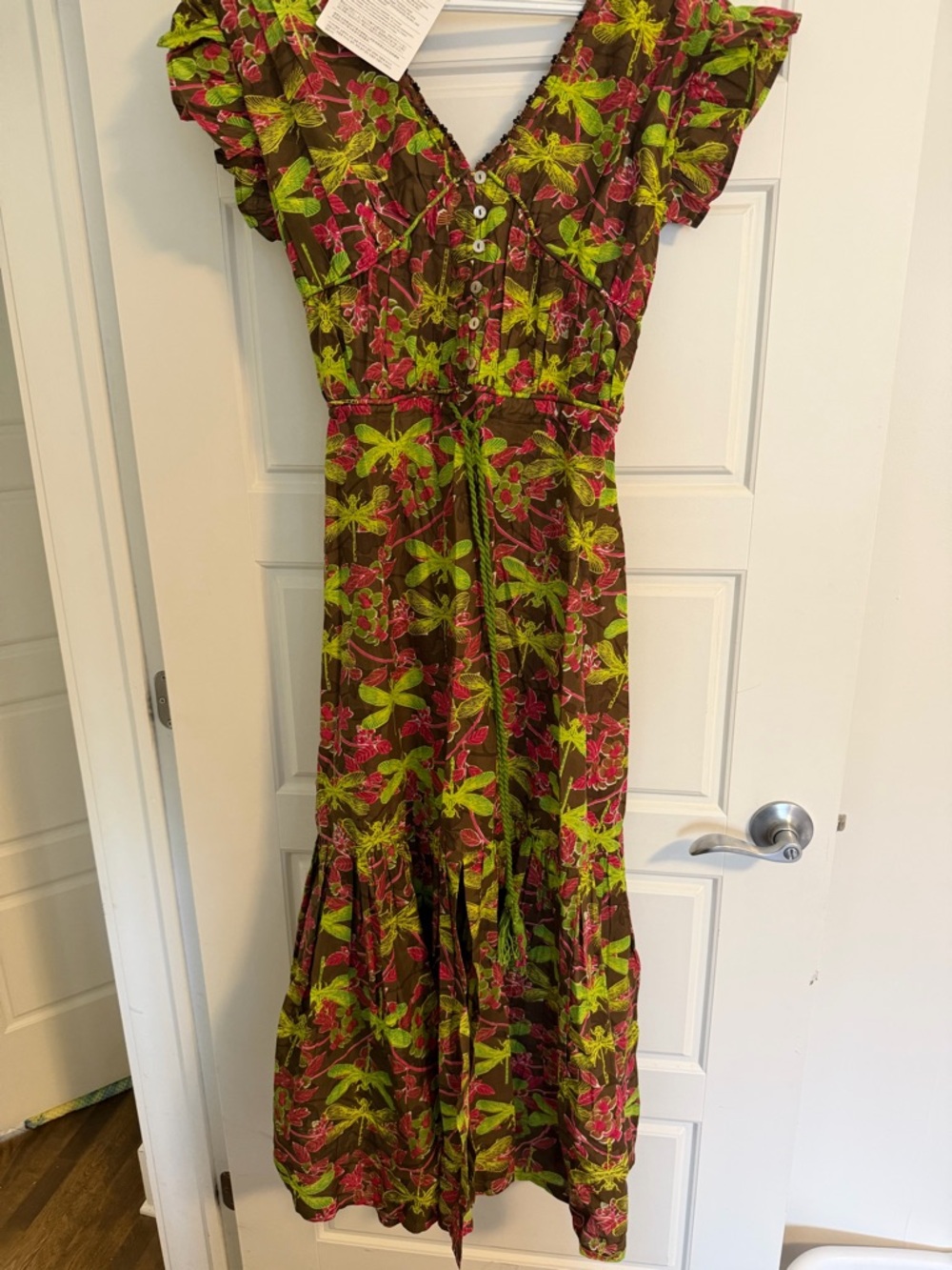 Green and Pink Floral Maxi Dress with Ruffle Sleeves